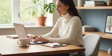 Woman in smart casual attire working remotely from a modern home office.