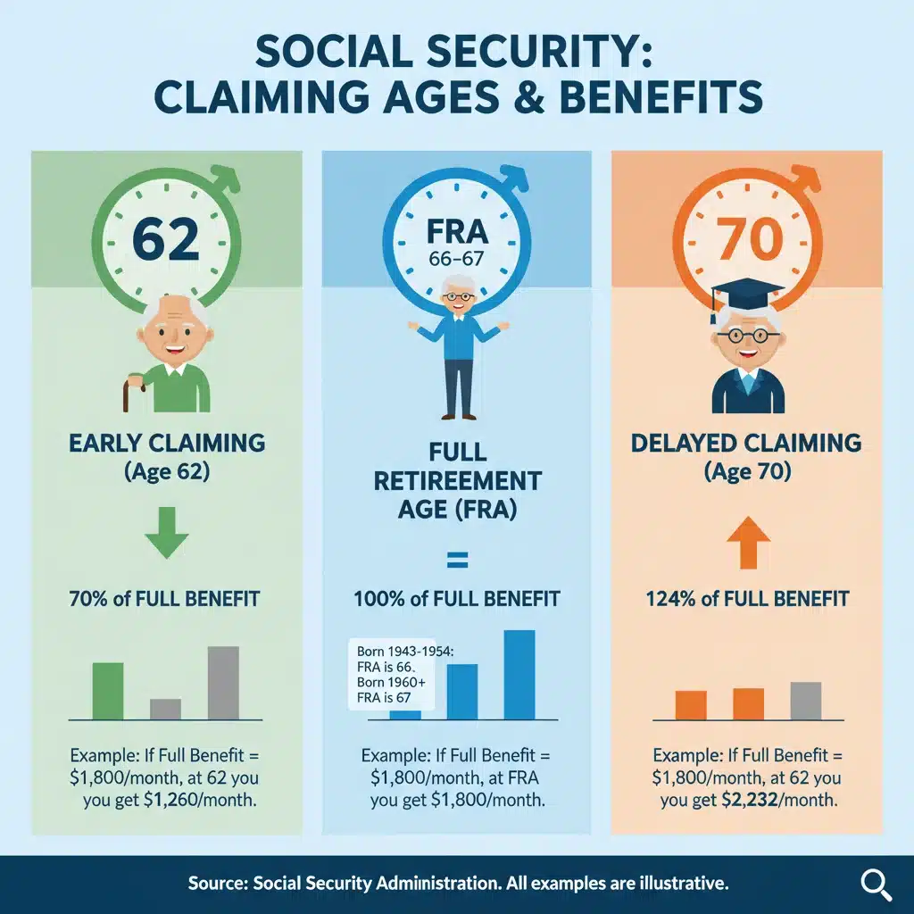 Infographic showing Social Security claiming age impact on benefits