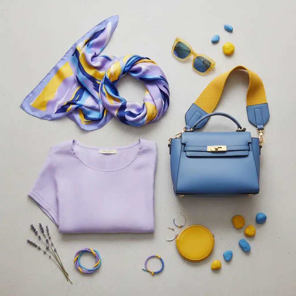 Flat lay of Spring 2026 color palette: digital lavender, solar yellow, ocean blue clothing and accessories.