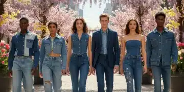 Spring 2026 denim trends featuring diverse models in wide-leg, straight-leg, and flared jeans.