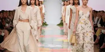 Models on runway displaying Spring 2026 fashion trends: sustainable fabrics, vibrant colors, and modern silhouettes.