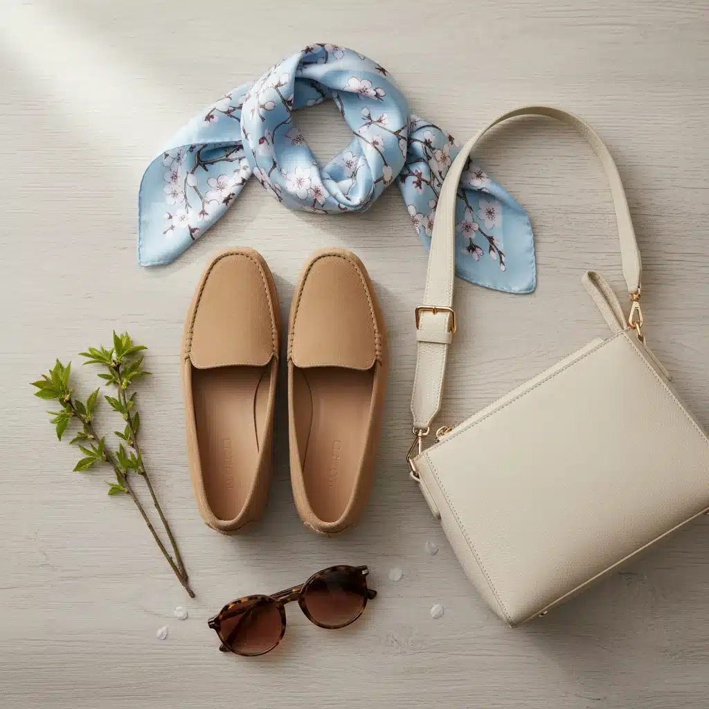 Spring accessories flat lay: loafers, bag, scarf, sunglasses.