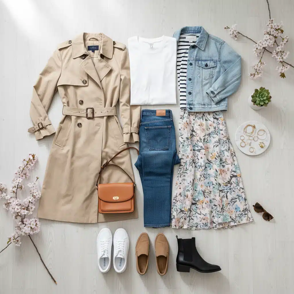 Flat lay of 15 essential spring wardrobe pieces