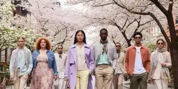Models showcasing layered spring fashion on a city street.