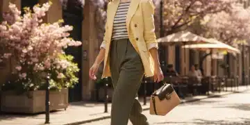 Woman in stylish spring outfit, demonstrating mix and match fashion with key pieces.