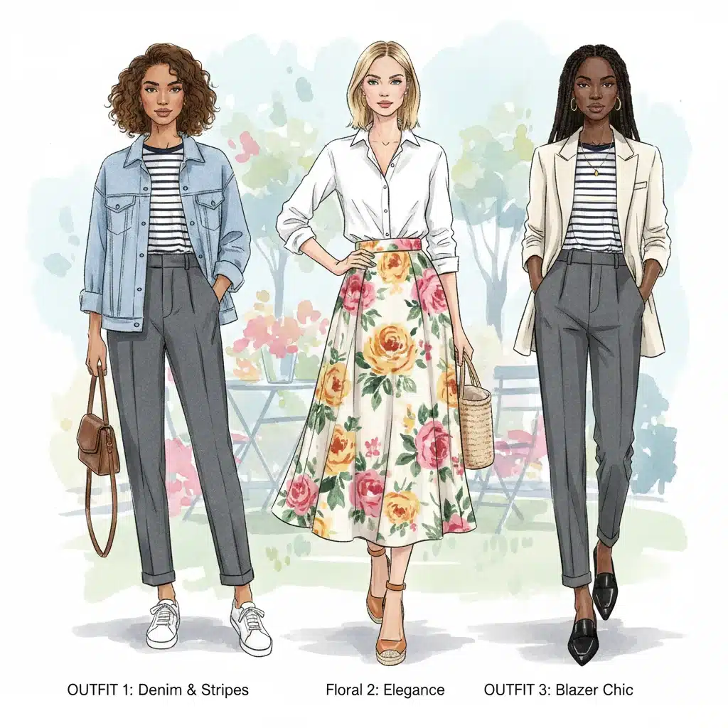 Multiple spring outfit combinations created from a limited set of versatile clothing items.
