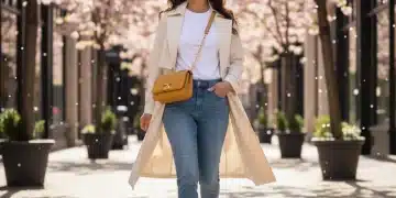 Woman in stylish spring outfit walking outdoors