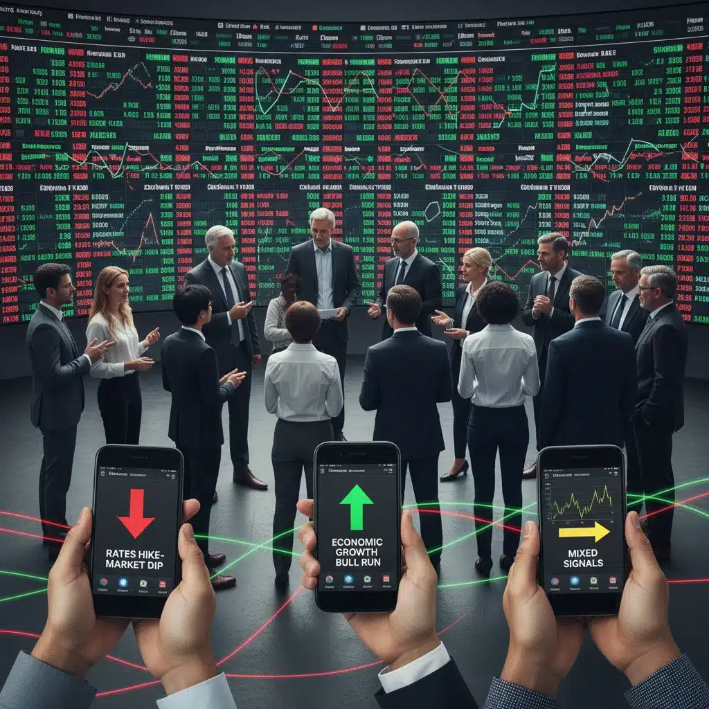 Investors monitoring stock market performance on screens and smartphones, reacting to economic news and interest rate changes.