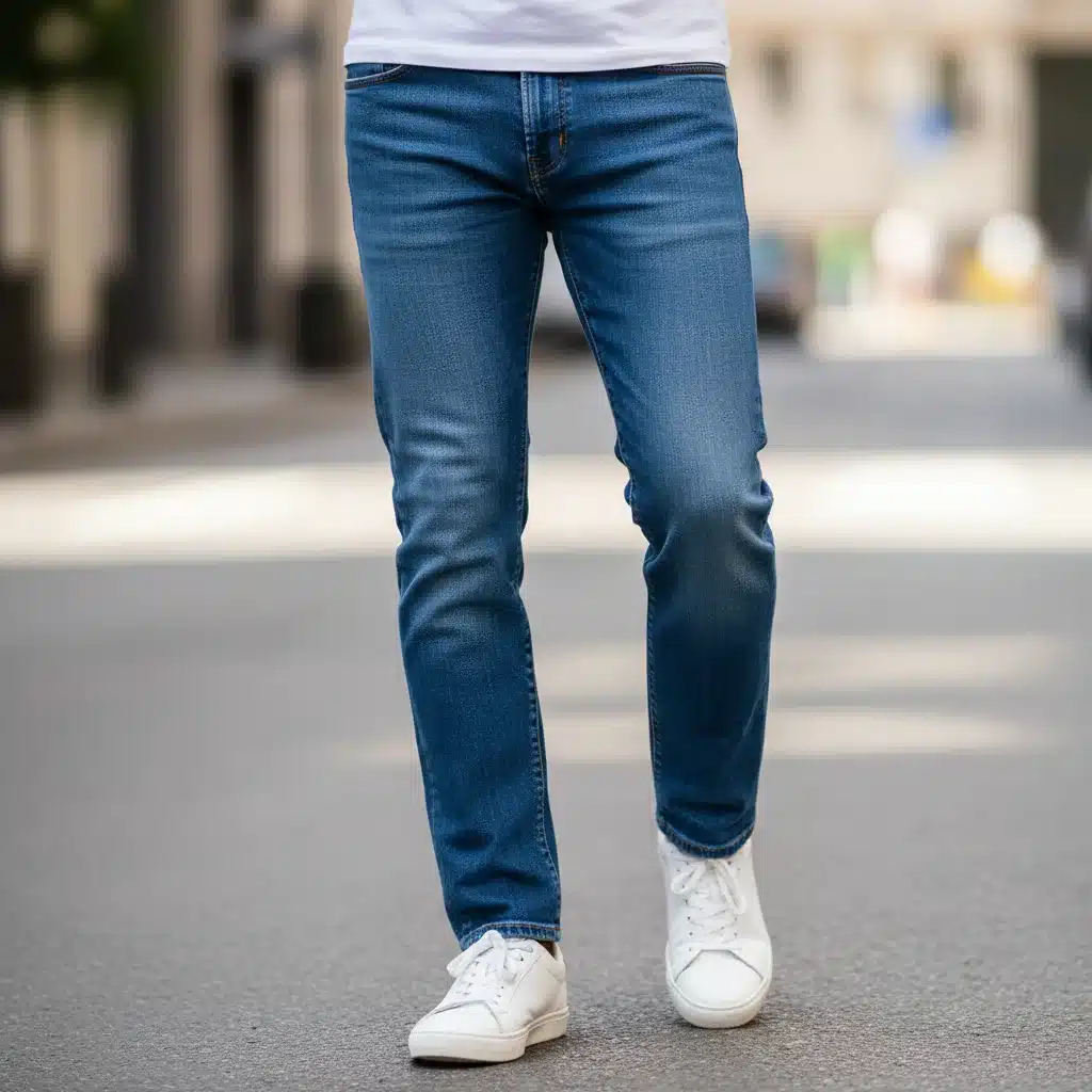 Classic straight-leg jeans with white sneakers and t-shirt