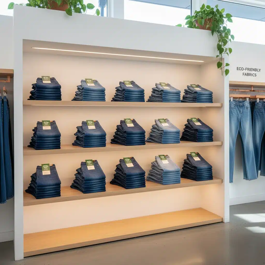 Retail display of straight-leg jeans in various washes, emphasizing sustainable denim.