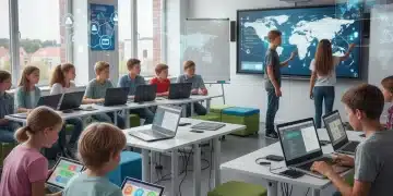 Students learning digital literacy skills in a modern classroom setting