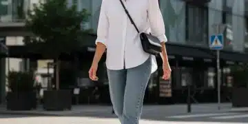 Young woman in light wash straight leg jeans and white shirt, walking in city.