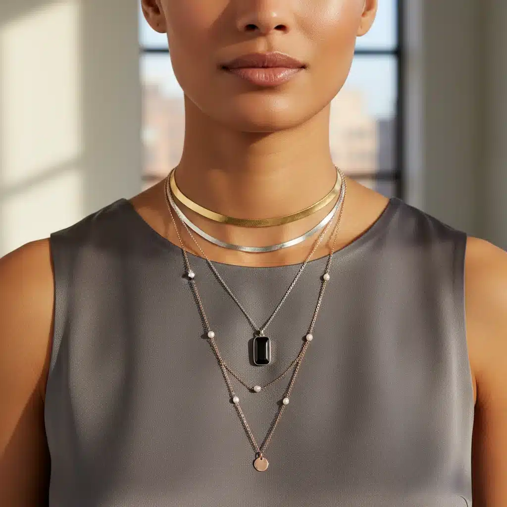 Stylishly layered necklaces on a person, showcasing different lengths and textures