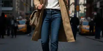Stylish person in classic white tee, dark jeans, and trench coat, representing quality basics.