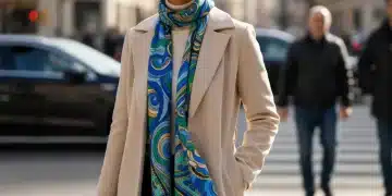 Stylish woman with vibrant silk scarf around her neck