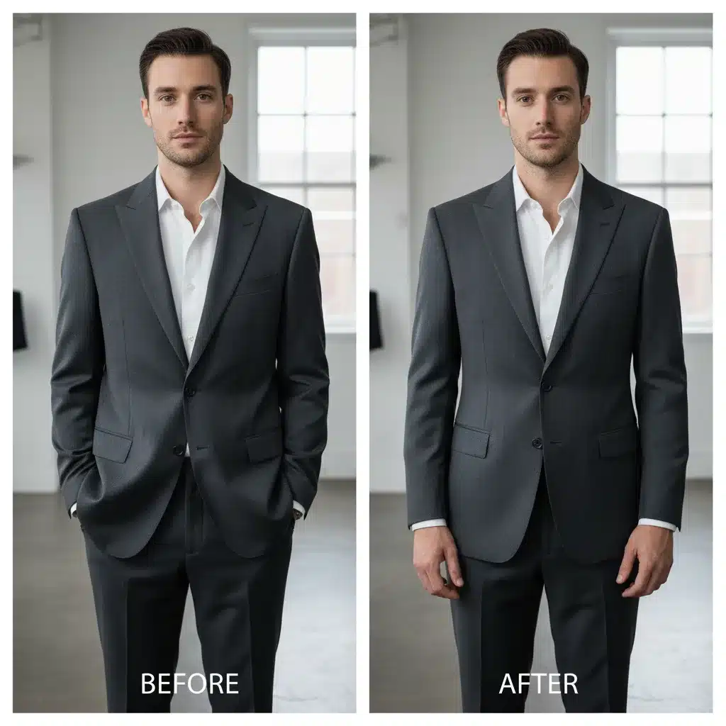 Before and after comparison of a suit jacket showing tailoring transformation