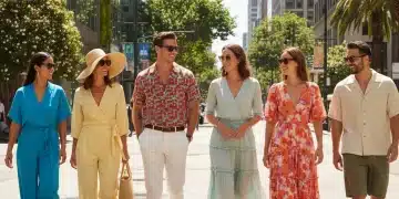 Stylish people in light summer clothing walking in an urban setting during a heatwave.
