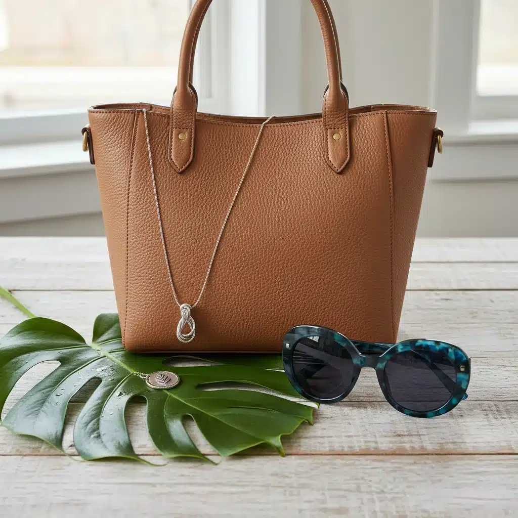 Sustainable accessories: vegan leather bag, recycled silver necklace, ocean plastic sunglasses