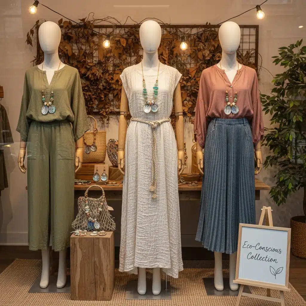 Boutique display with sustainable spring 2026 fashion garments