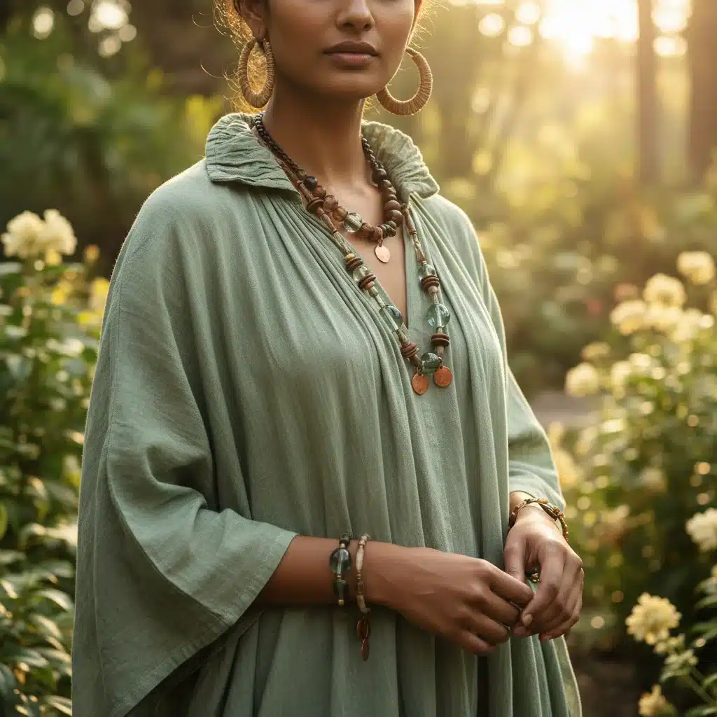 Model in sustainable green outfit with eco-friendly jewelry in a botanical garden setting.