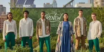 Stylish individuals showcasing sustainable fashion in a green urban setting.
