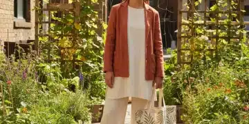 Woman wearing organic cotton and recycled material outfit in urban garden, promoting sustainable fashion.