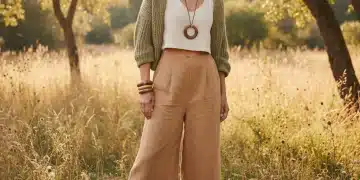 Woman in sustainable organic cotton and recycled material outfit