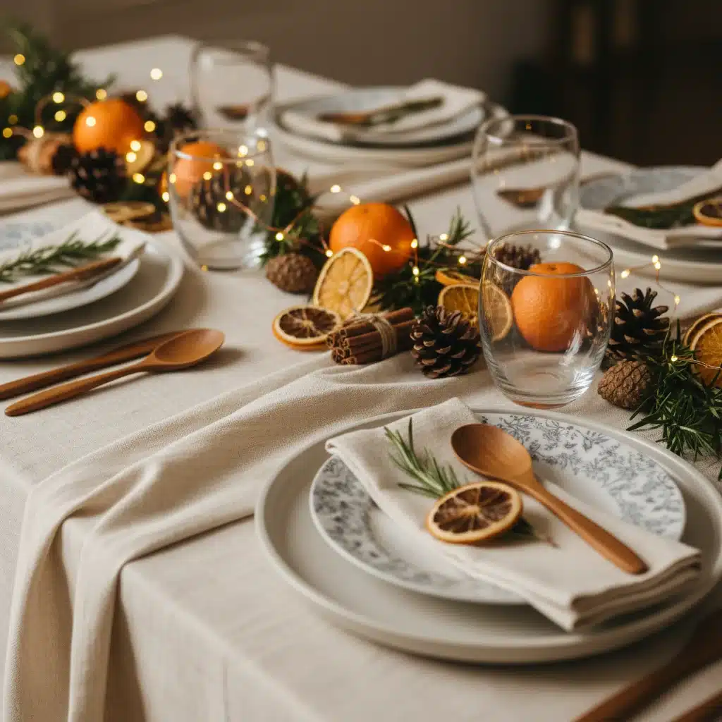 Elegant sustainable holiday table setting with dried oranges and natural elements.