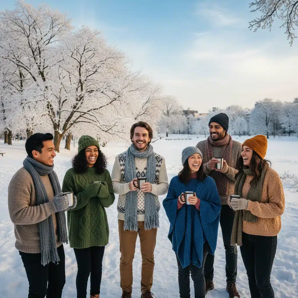 Friends in sustainable knitwear enjoying snowy park