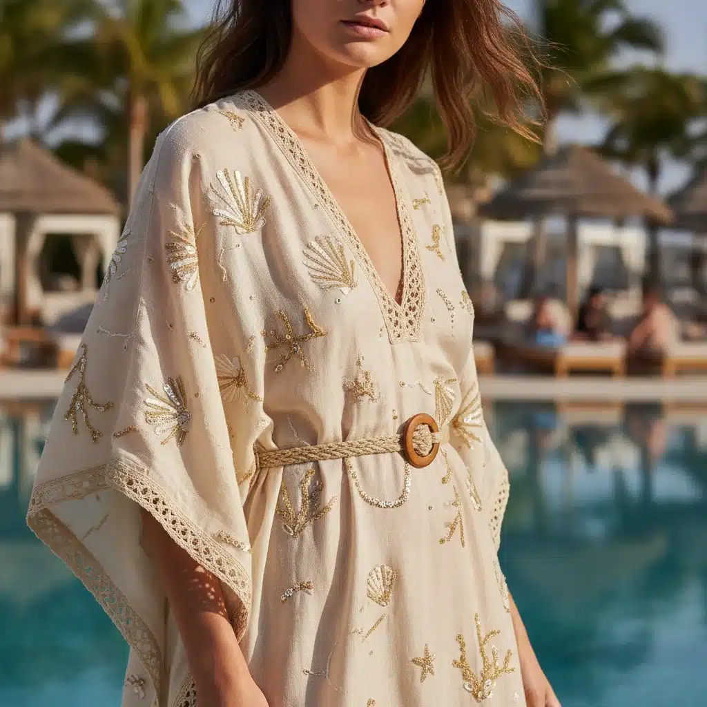 Model in an elegant, sustainable luxury resort wear kaftan by a sophisticated pool, highlighting fabric details.