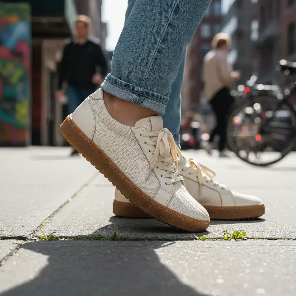 Person wearing minimalist sustainable sneakers on city street