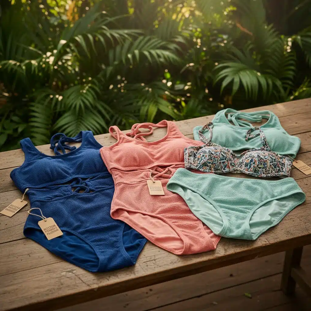 Sustainable swimwear collection made from recycled materials on a wooden table