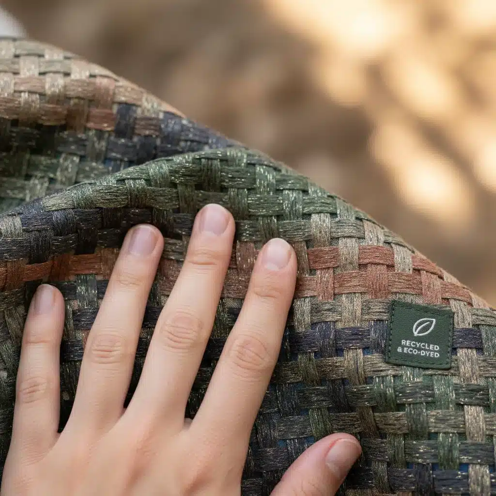 Sustainable techwear fabric detail, eco-friendly fashion innovation