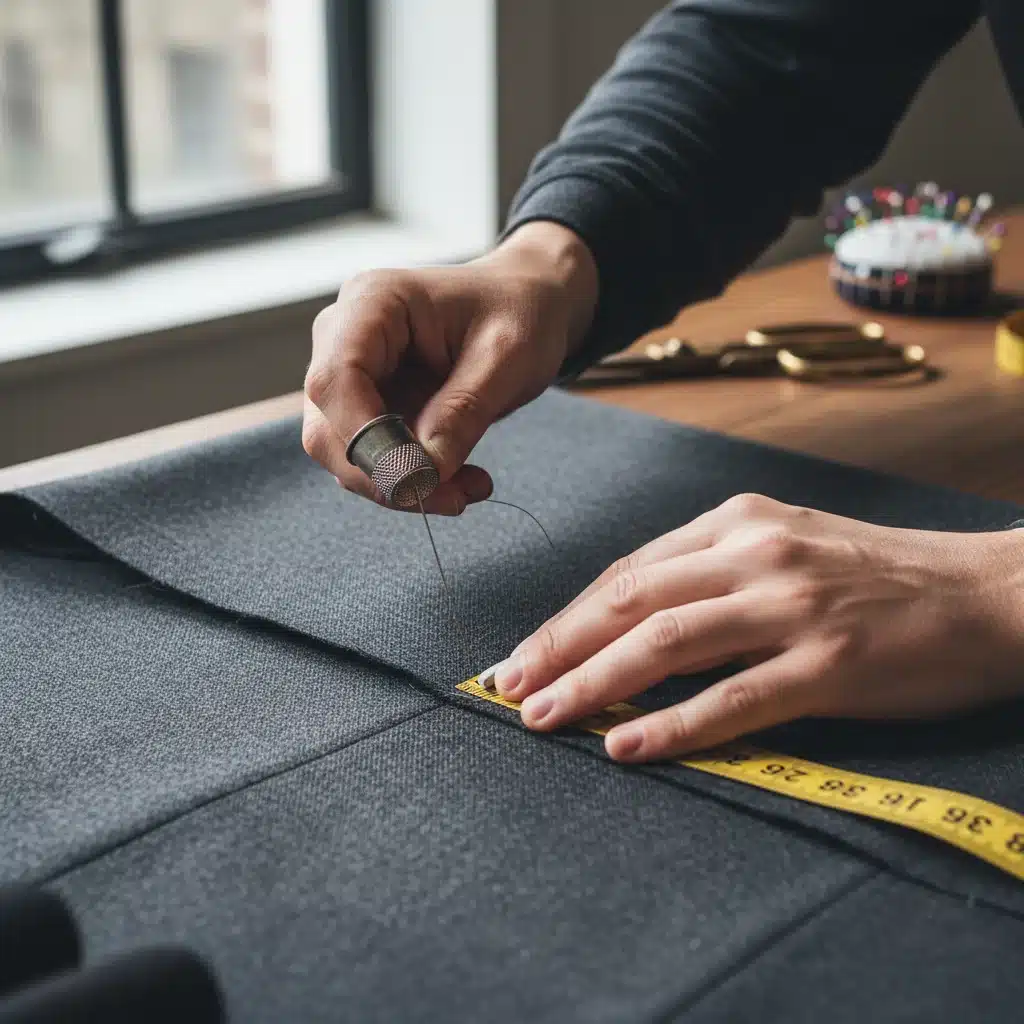 Skilled tailor's hands meticulously adjusting a garment's hem
