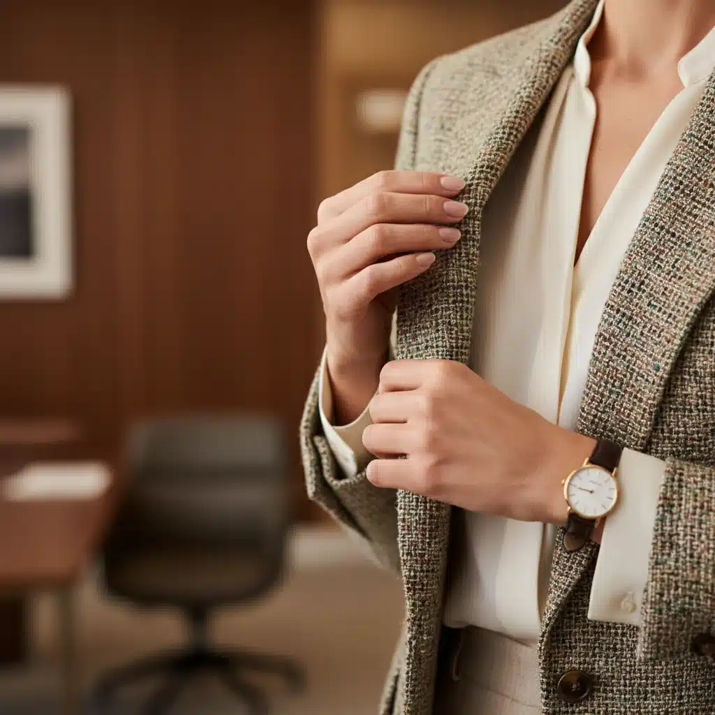 Woman adjusting tailored tweed blazer, showcasing professional layering