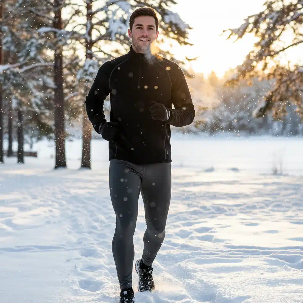 Person exercising outdoors in thermal athleisure wear