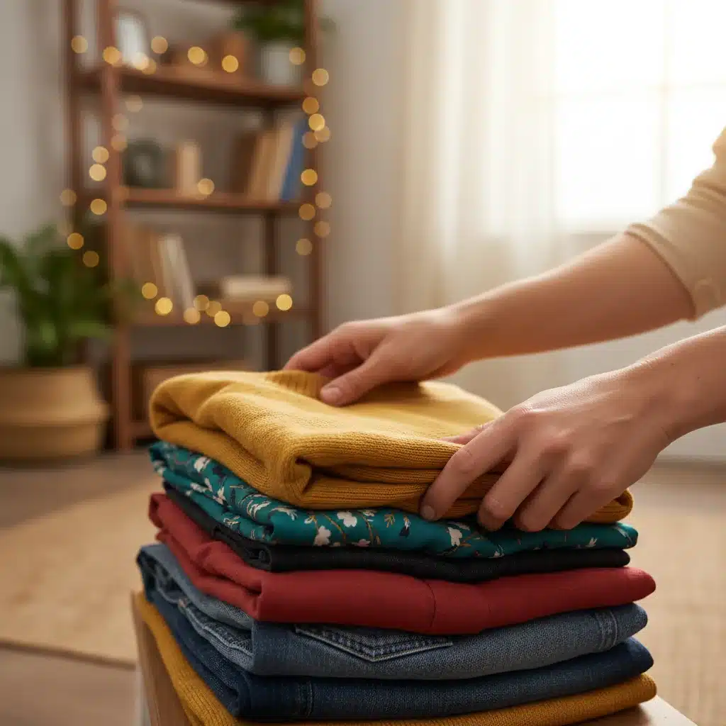 Hands folding second-hand clothing, showcasing thrifting and garment longevity.