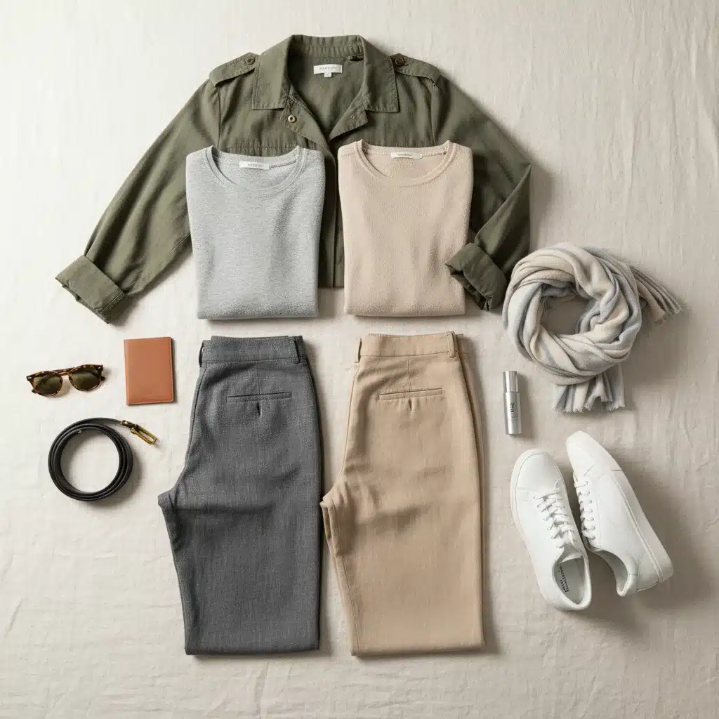 Versatile travel capsule wardrobe flat lay
