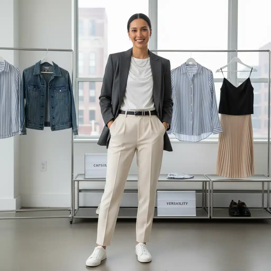 Versatile outfit from capsule wardrobe for various occasions