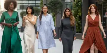 Five women showcasing versatile day-to-night dresses in an urban setting, embodying modern fashion.