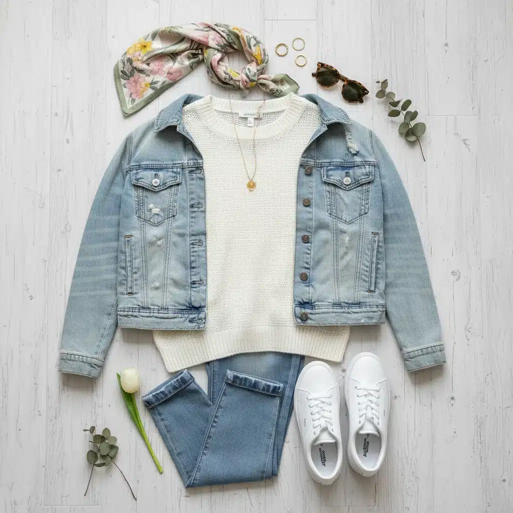 Flat lay of versatile early spring outfit with denim jacket and knit