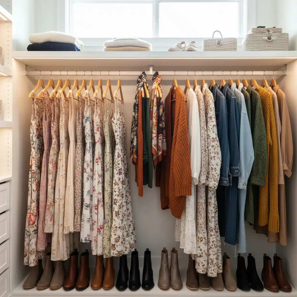 Organized closet with versatile summer and fall clothing pieces.