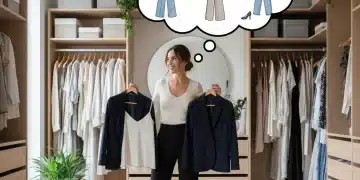 Woman demonstrating versatile wardrobe staples for multiple outfits