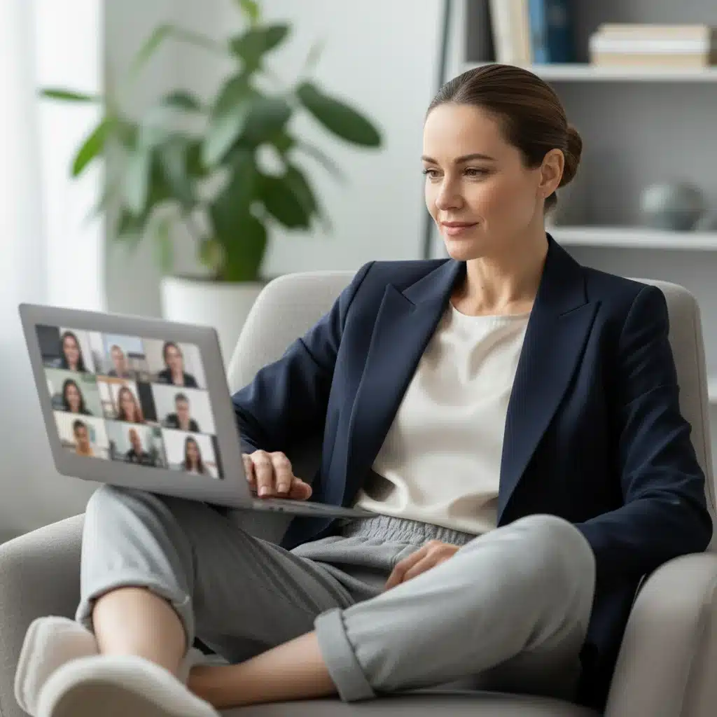 Professional on a video call, wearing a blazer for an upper body and comfortable pants for the lower body.