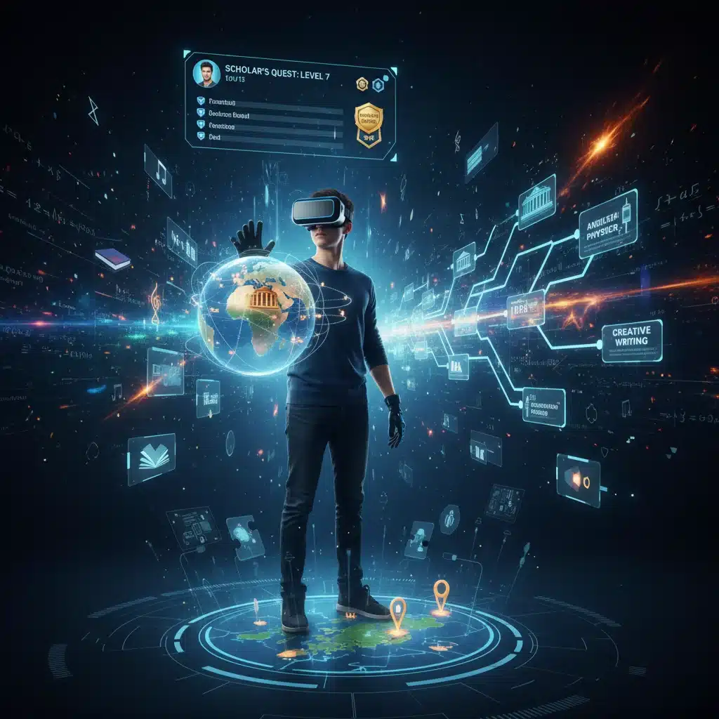 Student in VR headset exploring an interactive 3D learning environment, representing personalized online education.
