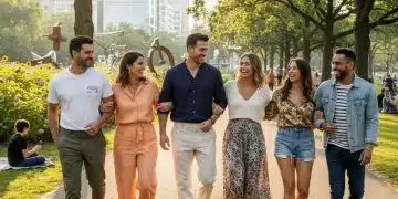Friends enjoying a sunny weekend in stylish, comfortable leisure outfits