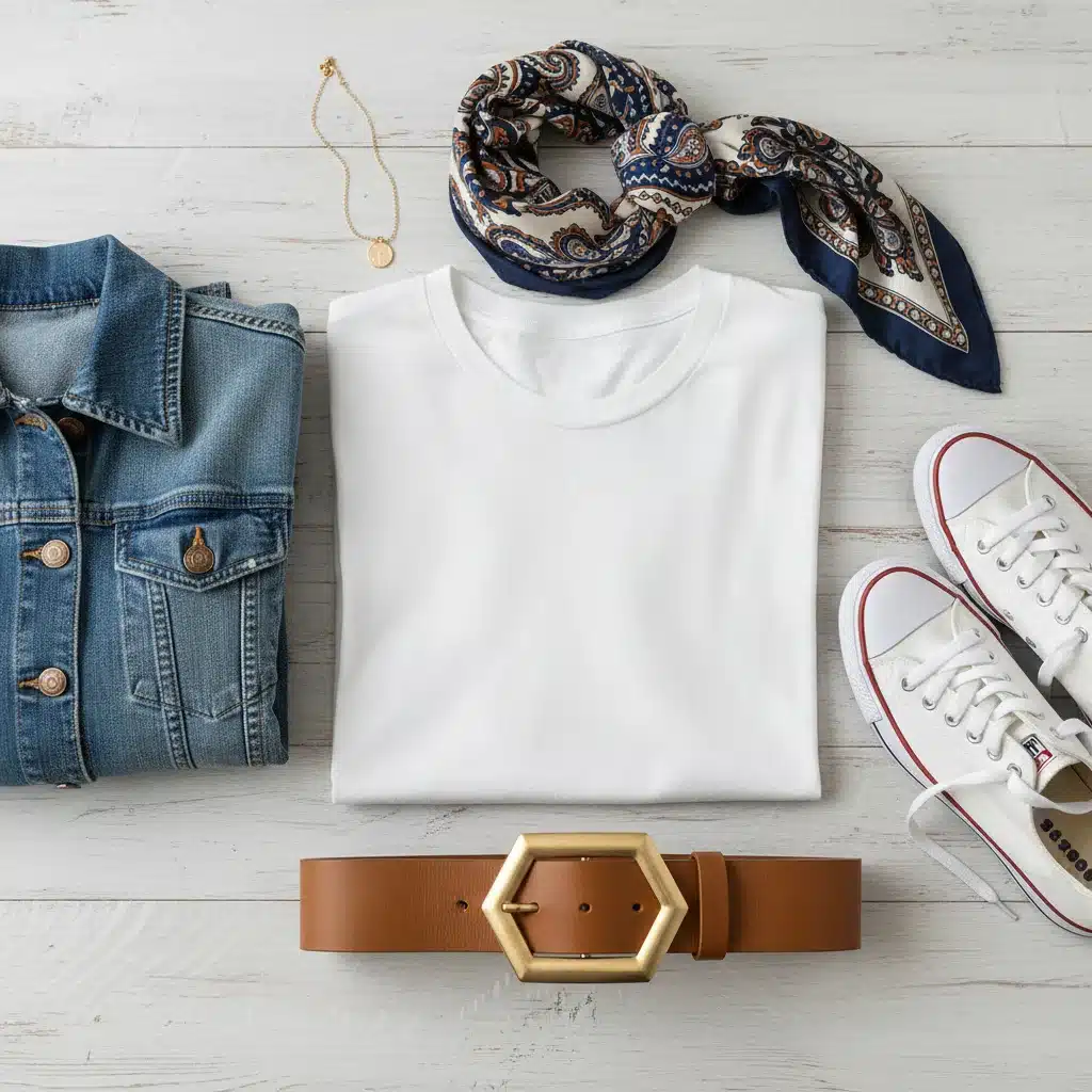 Flat lay of white t-shirt with versatile accessories for styling