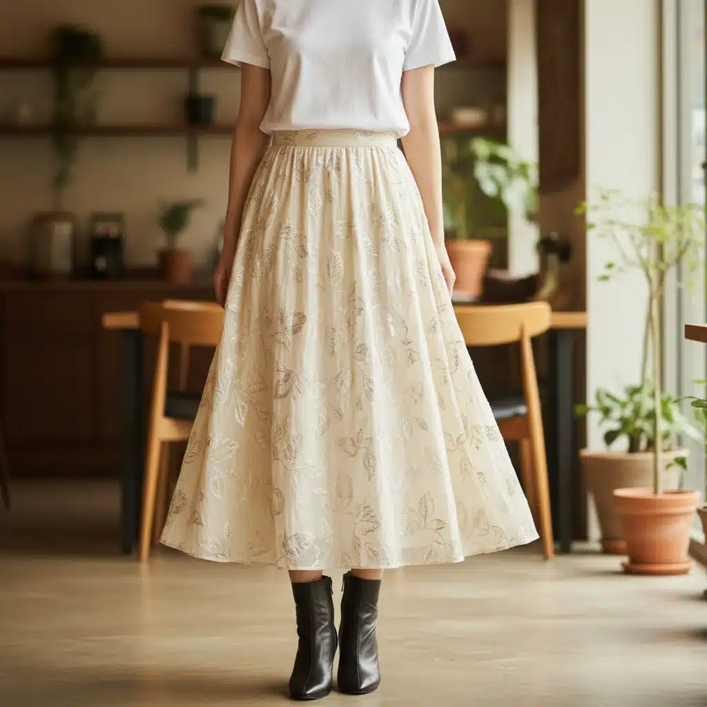 White t-shirt tucked into a flowing midi skirt with ankle boots