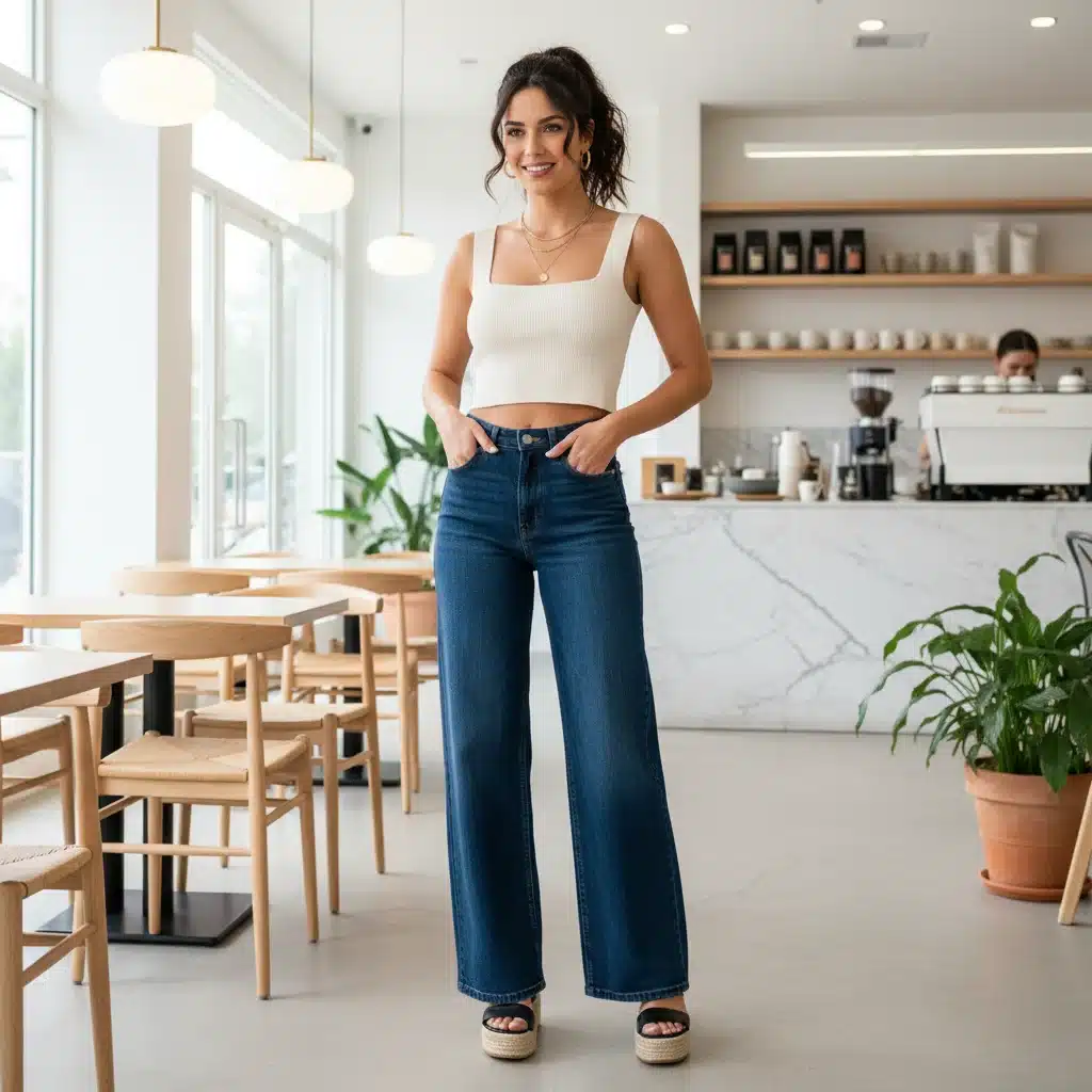 Woman in high-waisted wide-leg jeans and crop top at a cafe