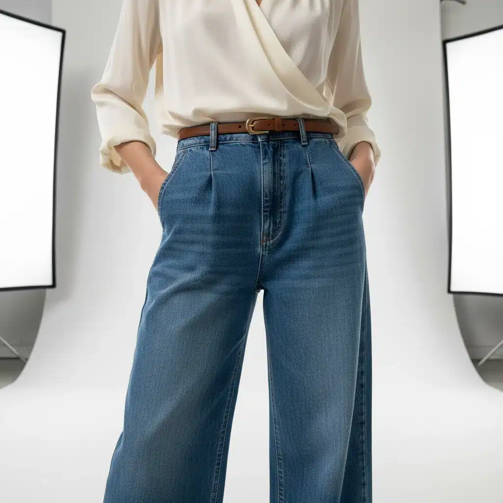 Stylish wide-leg jeans with a high-waist and tucked-in blouse, showcasing spring denim fashion.